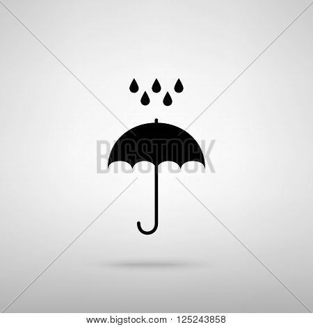 Umbrella with water drops. Rain protection symbol. Flat design style. Black with shadow on gray.