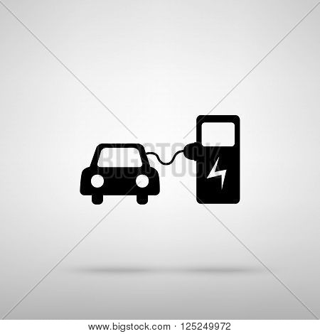 Electric car battery charging sign. Black with shadow on gray.