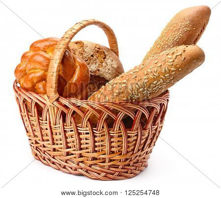 Sliced bread in basket isolated on white background
