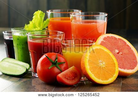 Glasses with fresh organic vegetable and fruit juices. Detox diet