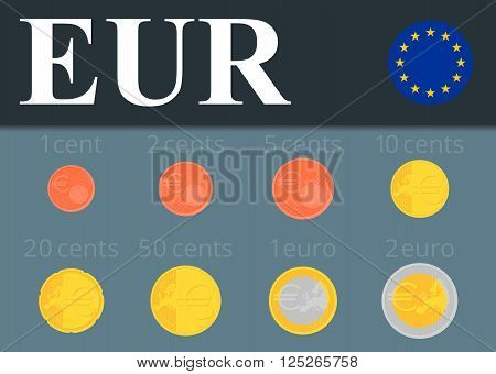 Euro coins set isolated on background. Abstract illustration.