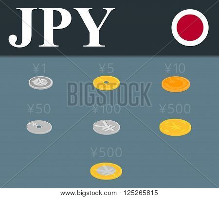 Yen coins set isolated on background. Abstract illustration.