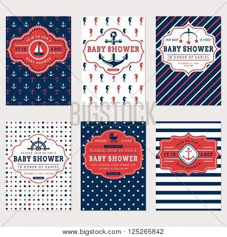 Nautical baby shower cards. Sea theme baby party invitations. Collection of cute banners in white red and blue colors. Vector set.