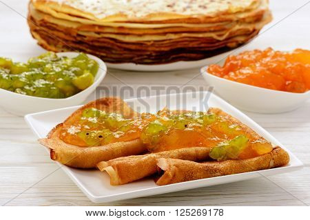 Pancakes with jam and cup of tea.