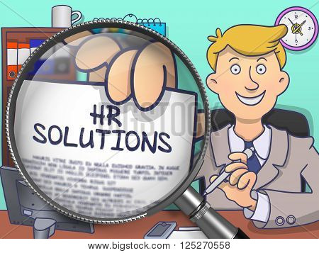 HR Solutions. Cheerful Officeman Welcomes in Office and Shows Paper with Inscription through Magnifying Glass. Multicolor Doodle Illustration.
