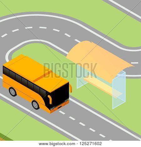 Isometric vector illustration of yellow tour bus pulls up to the bus stopIsometric vector illustration of yellow tour bus pulls up to the bus stop