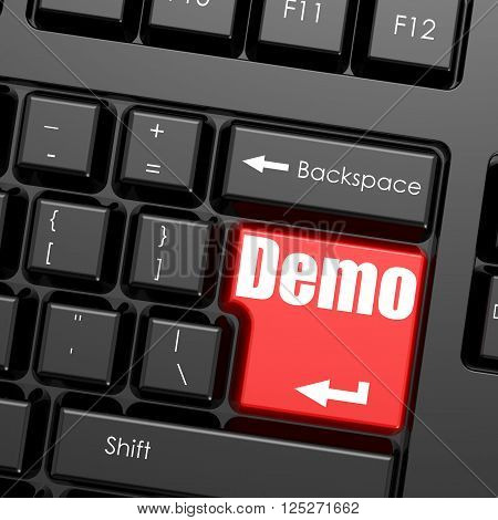 Red enter button on computer keyboard, Demo word, 3D rendering