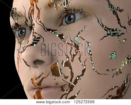 electronic woman or female cyborg on binary background 3D illustration