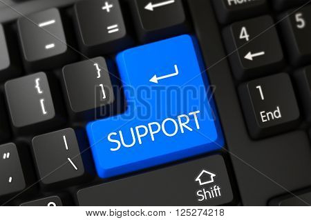 PC Keyboard with the words Support on Blue Button. Concepts of Support, with a Support on Blue Enter Keypad on Modern Laptop Keyboard. Support Keypad. A Keyboard with Blue Keypad - Support. 3D Render.