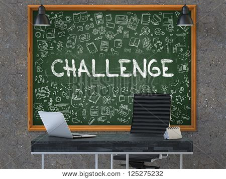 Green Chalkboard with the Text Challenge Hangs on the Dark Old Concrete Wall in the Interior of a Modern Office. Illustration with Doodle Style Elements. 3D.