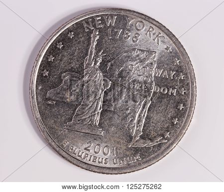 New York Quarter Dollar Close up on white background