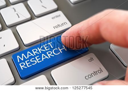 Business Concept - Male Finger Pointing Market Research Key on Laptop Keyboard. Hand of Young Man on Blue Market Research Keypad. Market Research Concept - Metallic Keyboard with Keypad. 3D Render.