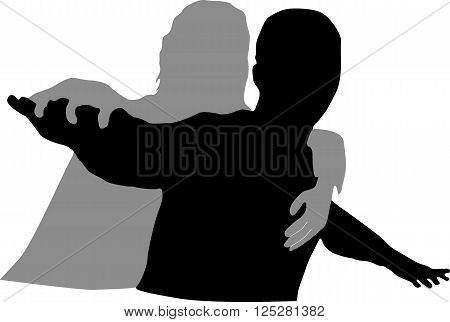 Woman hugging man from behind. Silhouette on white background