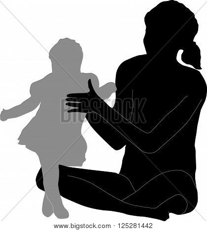 She learns to walk that little girl. Silhouette on white background
