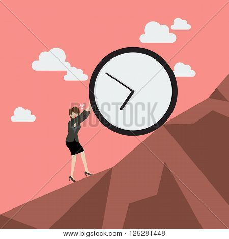 Business woman pushing huge clock uphill. Business concept