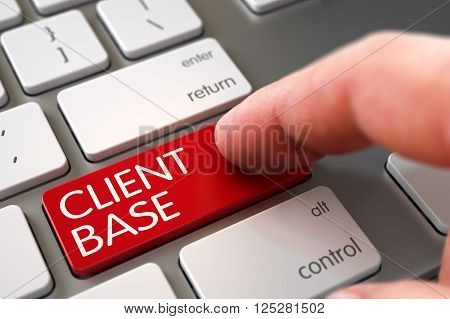 Client Base Concept - Slim Aluminum Keyboard with Key. Man Finger Pushing Red Client Base Key on Computer Keyboard. Hand Finger Press Client Base Key. 3D.