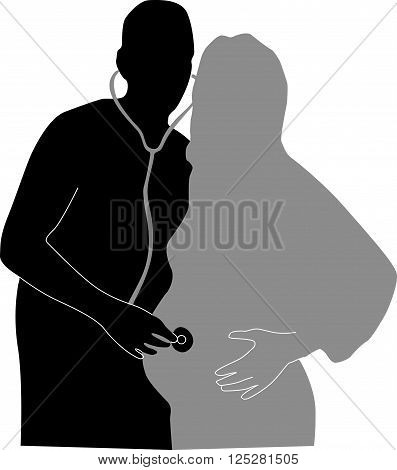 The man listens with a stethoscope alive pregnant woman. Silhouette on white background