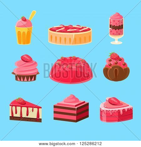 Backery With Strawberry Collection Of Flat Vector Cartoon Style Isolated Items On Light Blue Backgroud
