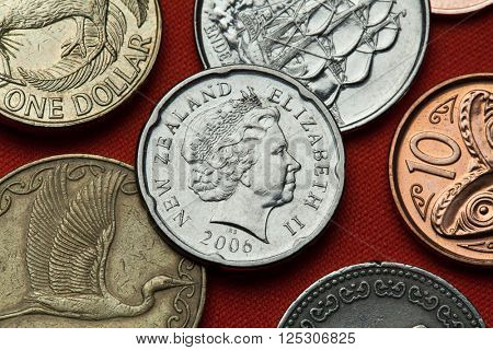 Coins of New Zealand. Queen Elizabeth II depicted in the New Zealand two dollars coin.