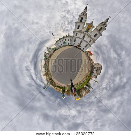 Little Planet Panorama of Holy Spirit Cathedral, Main Landmark of Minsk, The Capital of Belarus