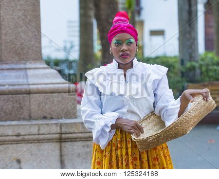 CARTAGENA COLOMBIA - FEB 04 : Street performer in Cartagena Colombia on February 04 2016. The historic port city Cartagena is UNESCO World Heritage Site since 1984.