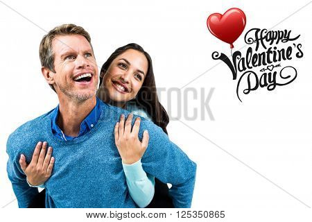 Man carrying girlfriend on back against cute valentines message