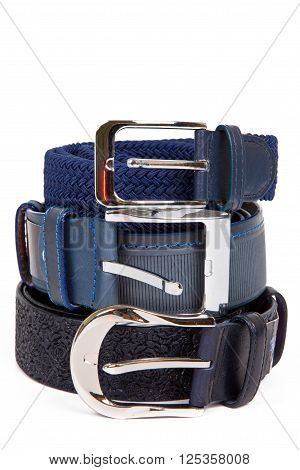 Rolled men's leather belt with metal buckle isolated on white