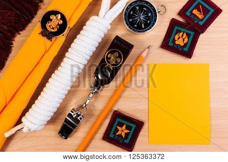 Packing Checklists For Scout Camping Trips, Trip Vacation, Mock Up Close-up On Wooden Table.