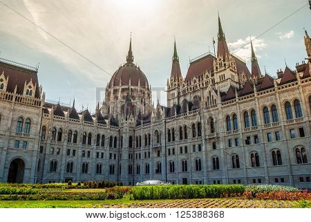 Hungarian Parliament in Budapest. Neogothic building, architectural details.