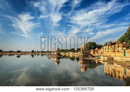Indian tourist landmark Gadi Sagar - artificial lake. Jaisalmer, Rajasthan, India