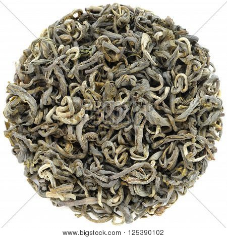 Fresh green tea round shape isolated overhead view