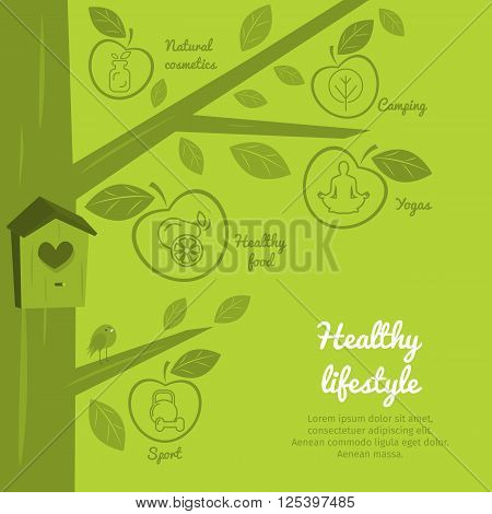 Infographics healthy lifestyle with healthy food icons dumbbell fruits camping. Diet concept. Meal plan. Fitness food. Meditation icon. Lifestyle images. lifestyle icon. Flat icon.