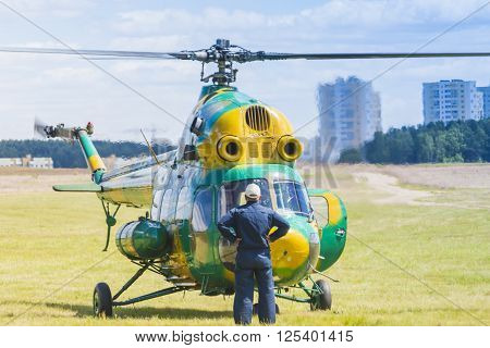 Minsk, Belarus-June 21, 2014: MI-2 Helicopter on Air During Aviation Sport Event Dedicated to the 80th Anniversary of DOSAAF Foundation in Minsk on June 21, 2014 in Minsk, Republic of Belarus
