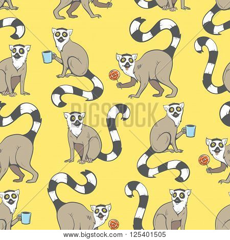 Seamless pattern with cute cartoon  ring-tailed lemurs on yellow background. Madagascar cats. Vector image.
