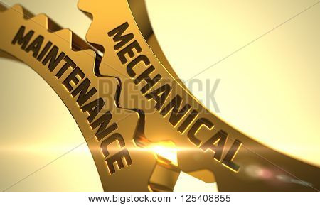Golden Gears with Mechanical Maintenance Concept. Mechanical Maintenance on Mechanism of Golden Metallic Cogwheels with Lens Flare. Mechanical Maintenance Golden Gears. 3D Render.