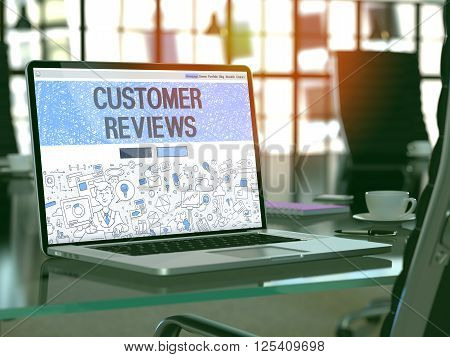 Customer Reviews Concept - Closeup on Landing Page of Laptop Screen in Modern Office Workplace. Toned Image with Selective Focus. 3D Render.