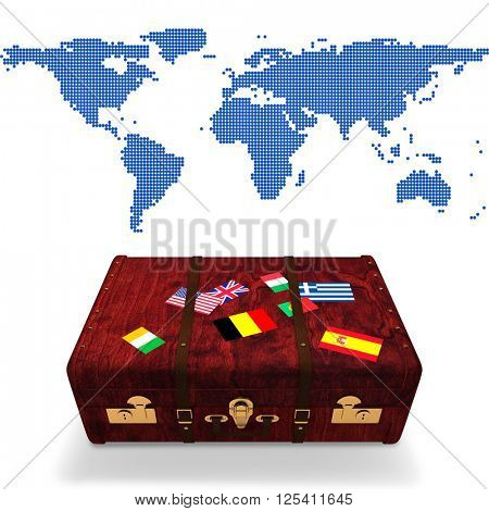 Blue world map against suitcase with stickers