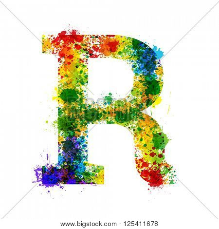 Color Paint Splashes. Gradient Vector Font. Watercolor Designer Decoration Alphabet. Colar ink Symbols Isolated ob a White Background. Letter R
