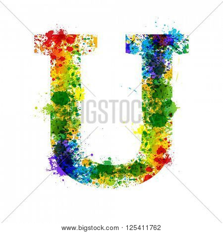 Color Paint Splashes. Gradient Vector Font. Watercolor Designer Decoration Alphabet. Colar ink Symbols Isolated ob a White Background. Letter U