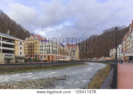 ROSA KHUTOR, RUSSIA - MARCH 27, 2016: Msrch view on ski resort of world class Rosa Khutor built in 2013 for the 2014 Olympic Games