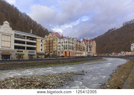 ROSA KHUTOR, RUSSIA - MARCH 27, 2016: Msrch view on ski resort of world class Rosa Khutor built in 2013 for the 2014 Olympic Games