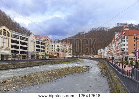 ROSA KHUTOR, RUSSIA - MARCH 27, 2016: Msrch view on ski resort of world class Rosa Khutor built in 2013 for the 2014 Olympic Games