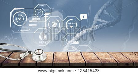 Stethoscope put on a desk against image of a dna