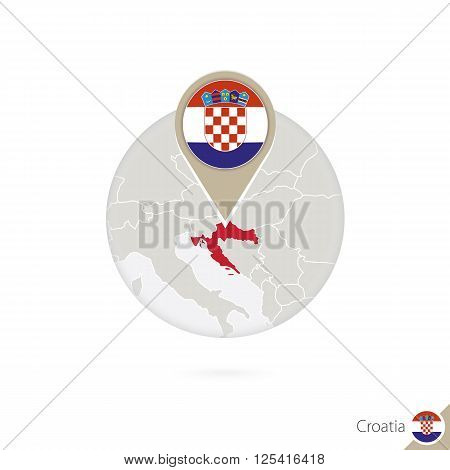 Croatia map and flag in circle. Map of Croatia Croatia flag pin. Map of Croatia in the style of the globe. Vector Illustration.