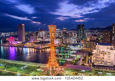 Kobe, Japan port skyline at twilight.