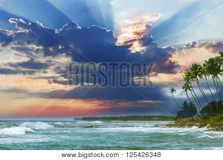 Beautiful sunrise tropical beach white sand turquoise ocean water . Palm trees and tropical vegetation on the coast.
