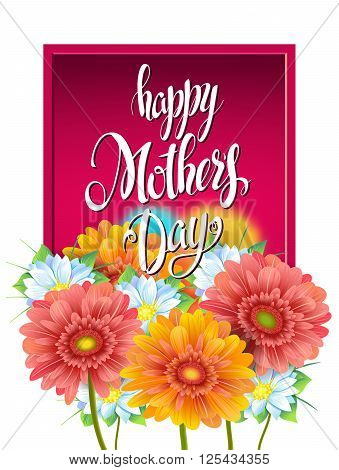 Mothers Day Lettering, poster, advertising of spring flowers Gerber. Summer bouquet of flowers on red background. Isolate sign and flowers.Vector illustration