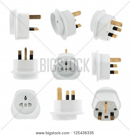 European EU to UK converter plug travel adapter isolated over white background, set of nine foreshortenings