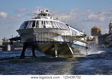 ST. PETERSBURG, RUSSIA - AUGUST 15, 2015: Hydrofoil on the river Neva. Such hydrofoils were produced in 1961-1991 but are still operated today