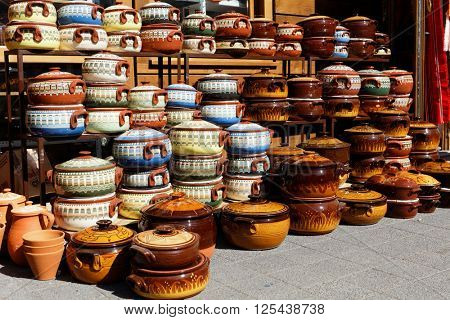 SOFIA, BULGARIA - MARCH 5, 2016: Assortment of ceramic pots at the Women's market. Also known as Zhensky pazar, it is the largest and busiest market in the city